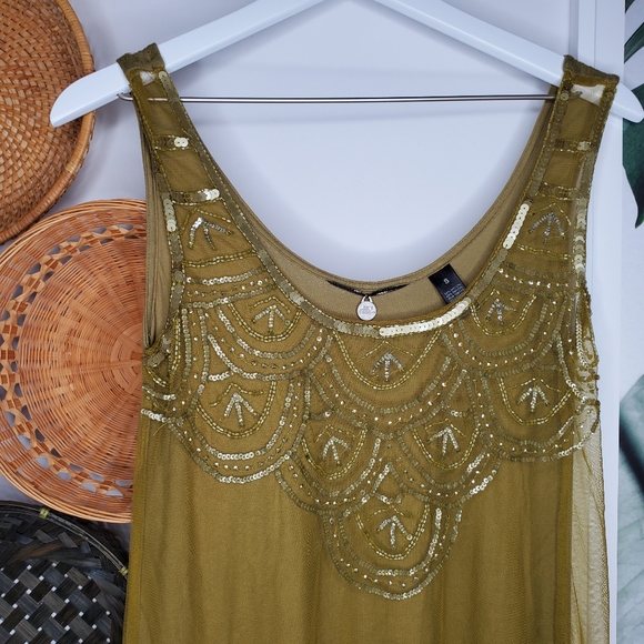 BKE Green Lace Front Beaded Sequins Boho Gypsy Top - Picture 2 of 5